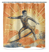 Close-up view of the Surfing 1 08 Shower Curtain, showcasing the detailed surf-inspired graphics, perfect for those who love the ocean waves.